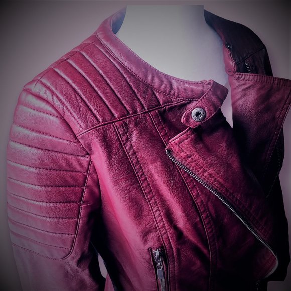 OLIVIA MILLER Burgundy Moto Style Asymmetrical Zipper Faux Leather Jacket New - Picture 5 of 7